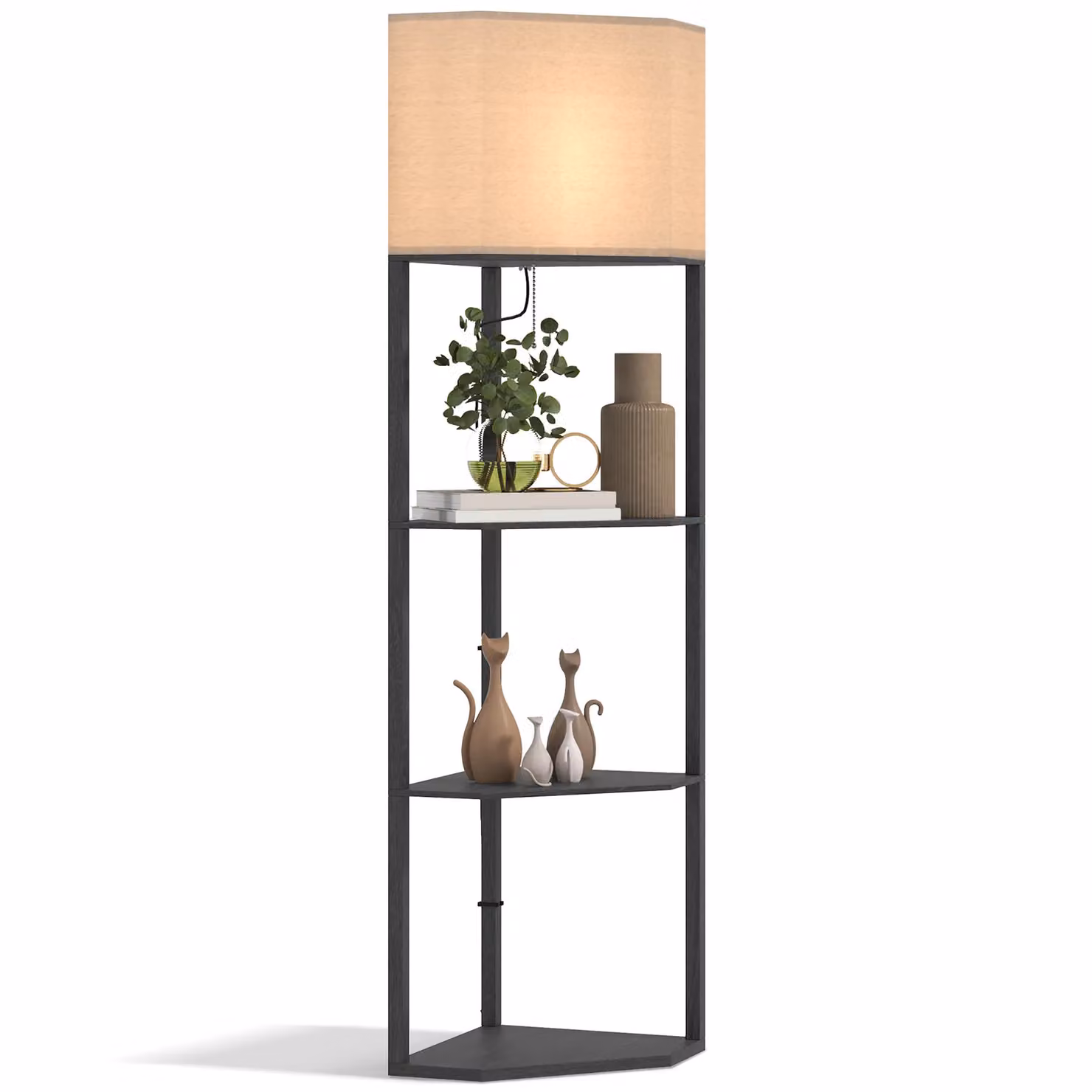 HOMCOM Modern Corner Floor Lamp with 3 Shelves in Black and Yellow – 2