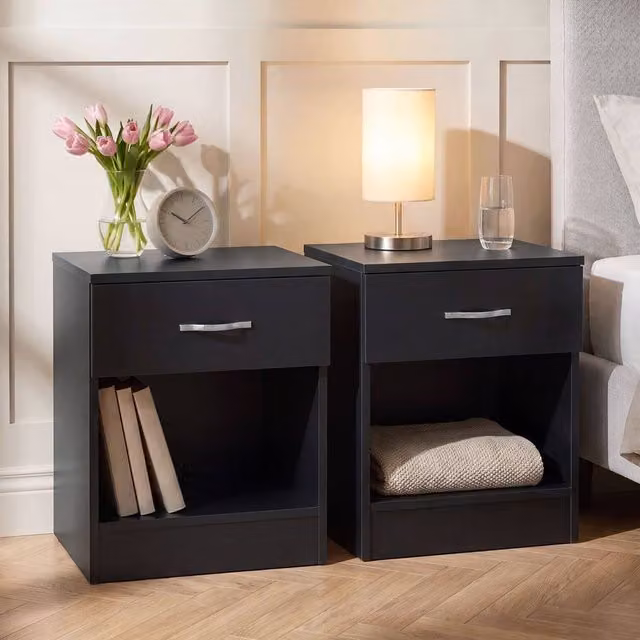 Vida Designs Riano Set of 2 Black 1 Drawer Bedside Chests