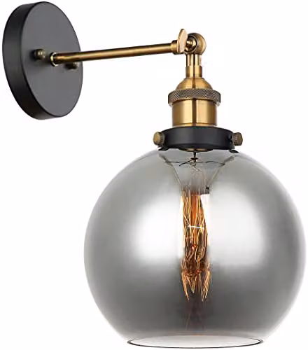Netlighting Industrial and Retro Wall Lamp in Black and Gold with Smoky Grey Glass Shade, E27 Dimmable