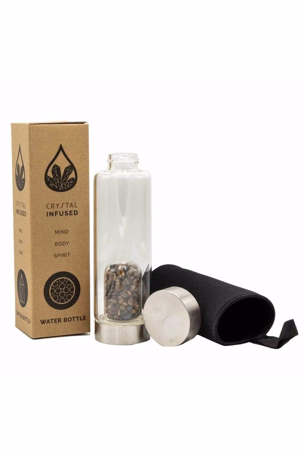 KDMD Crystal Infused Glass Water Bottle with Determined Tiger's Eye and Silver Chips – 2