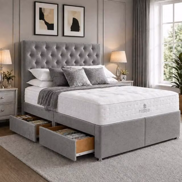 K Mehmood Enterprise Ltd Premium Grey Fabric Upholstered Divan Bed with Headboard and Storage Drawers