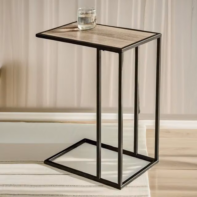 Pirlo Plush Brown Industrial C-Shaped Sofa End Table, W/D/H: 61 x 30 x 48 cm