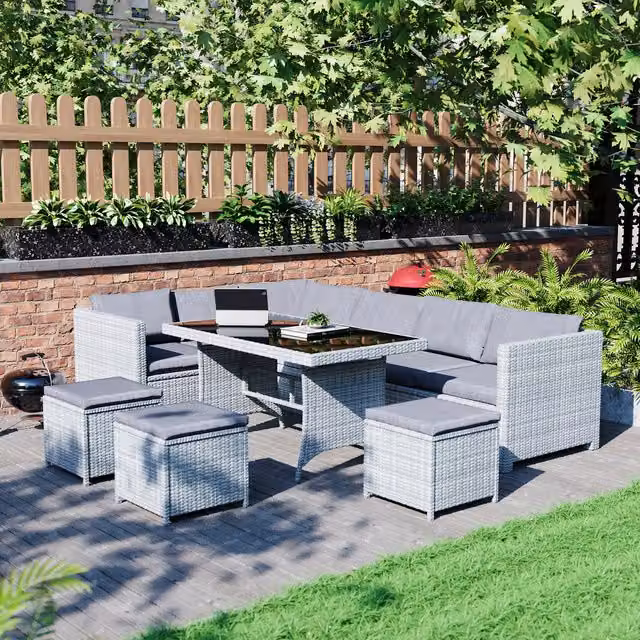 Vida Designs Belgrave 9 Seater Modern Rattan Dining Set in Grey and Black with Glass Tabletop
