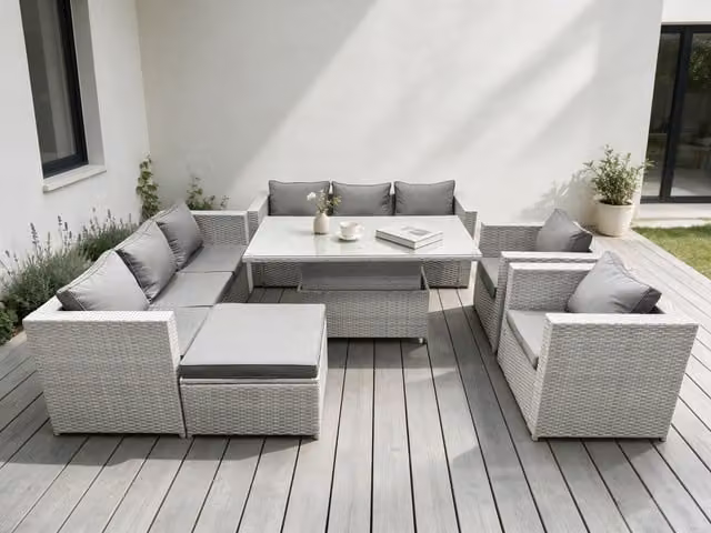 Fimous Rattan Garden Furniture Set with Height Adjustable Lifting Table and Sofa Dining Set in Light Grey
