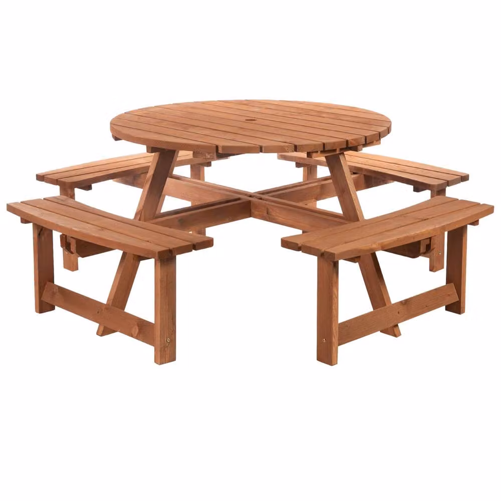 Wyld Haus Bataba 8 Seater Round Picnic Table and Bench Set in Red and Brown Treated Hardwood, Diameter: 178 cm – 2