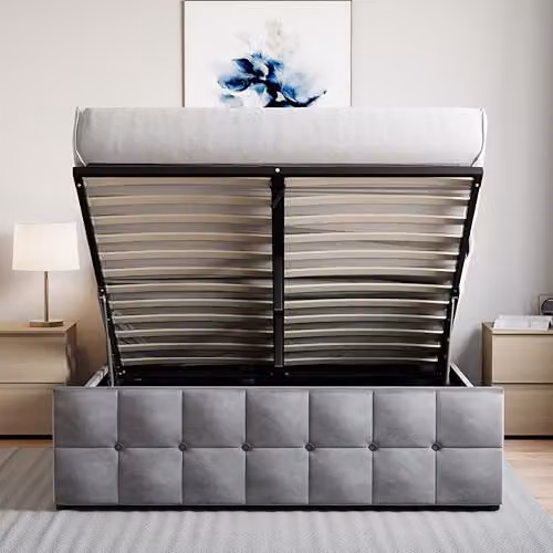 Vida Designs Valentina King Ottoman Bed Frame in Light Grey Velvet, H 105 x W 158 x D 212 cm – 4