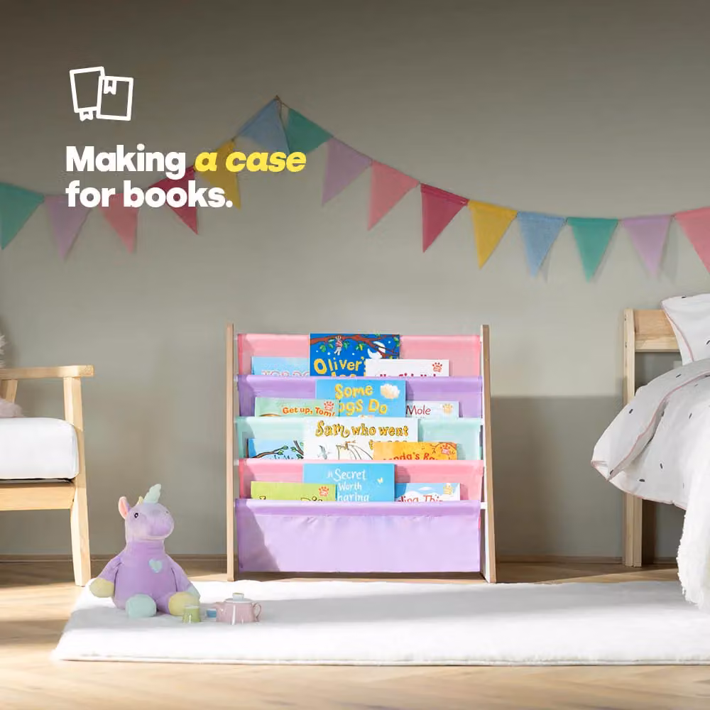 LIVIVO Natural Kids 4 Tier Sling Bookshelf Storage Rack in Pink, W/D/H: 58.0 x 28.0 x 58.0 cm – 2