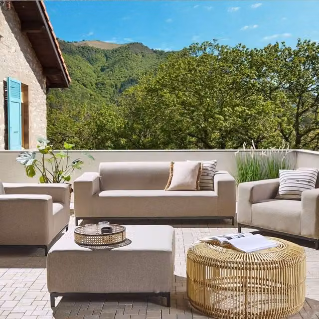 Wyld and Coco Beige Fabric 5-Seater Outdoor Sofa Set with Matching Ottoman and Powder Coated Aluminium Frame – 1