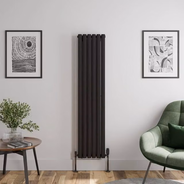 Temprazo Oval Tube Double Panel Vertical Designer Radiator, Black, H 160 cm x W 36 cm