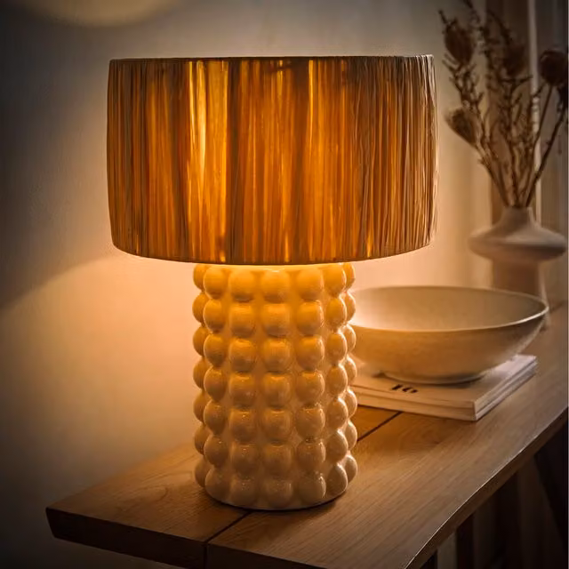 ValueLights Kiran Ceramic Table Lamp with Rattan Shade in Beige and Yellow