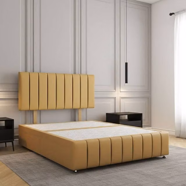Regional Furnishings Small Double Mustard Yellow Velvet Upholstered Divan Bed with 24 inch Headboard and Footboard, W/D/H: 120 x 200 cm