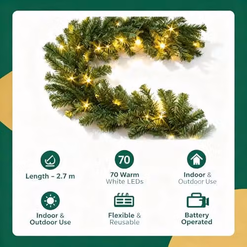 SHATCHI Pre-Lit Artificial Pine Christmas Garland, 2.7m Green Bushy Garland with 70 Warm White LEDs and 8 Light Modes – 5