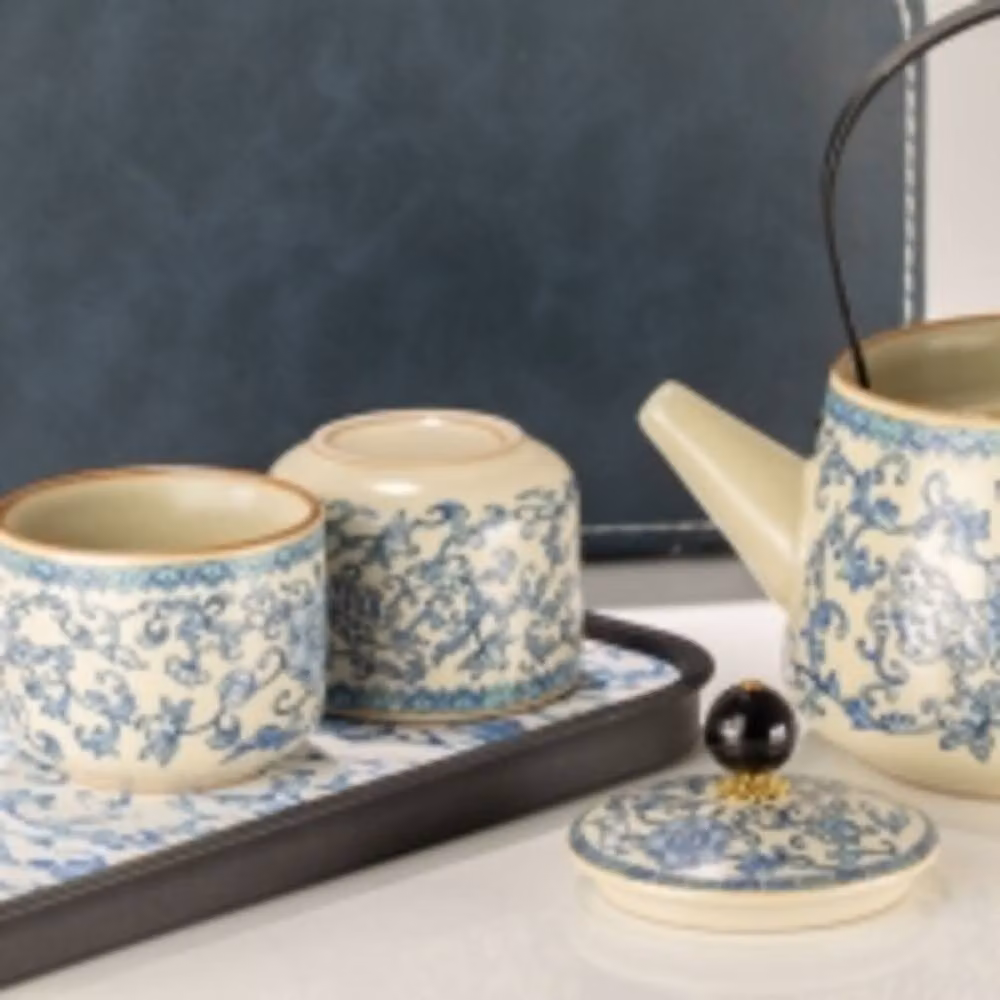 Serenityy Ceramic Floral Travel Teapot Set with Two Cups in Ru Blue – 3