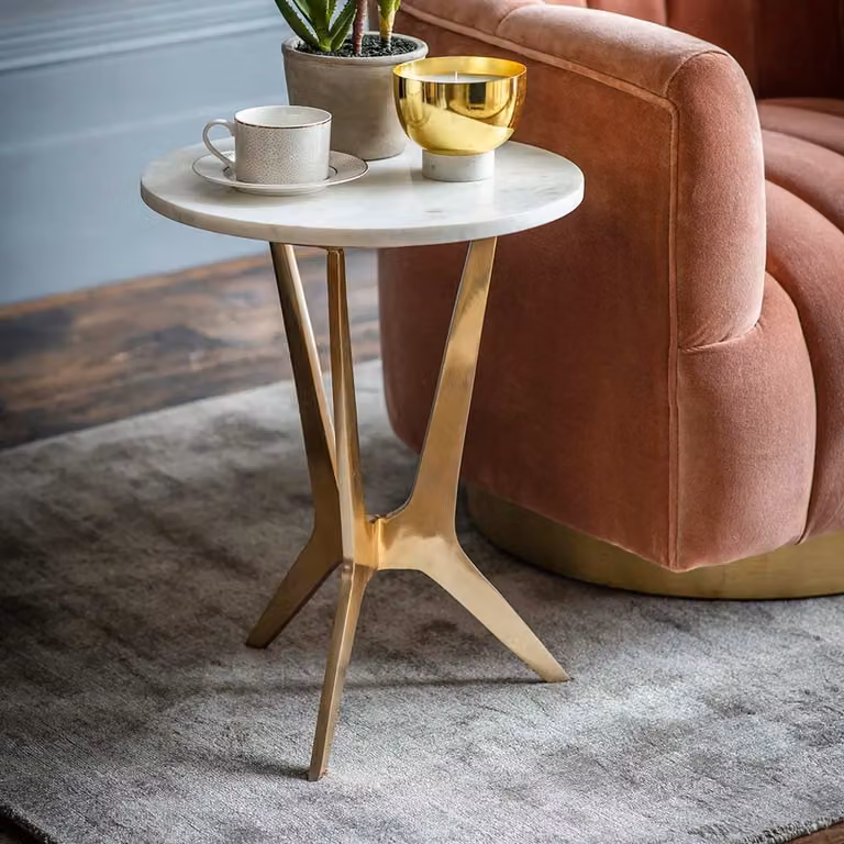 Atkin & Thyme Arcadia Round White Marble Side Table with X-Frame Base