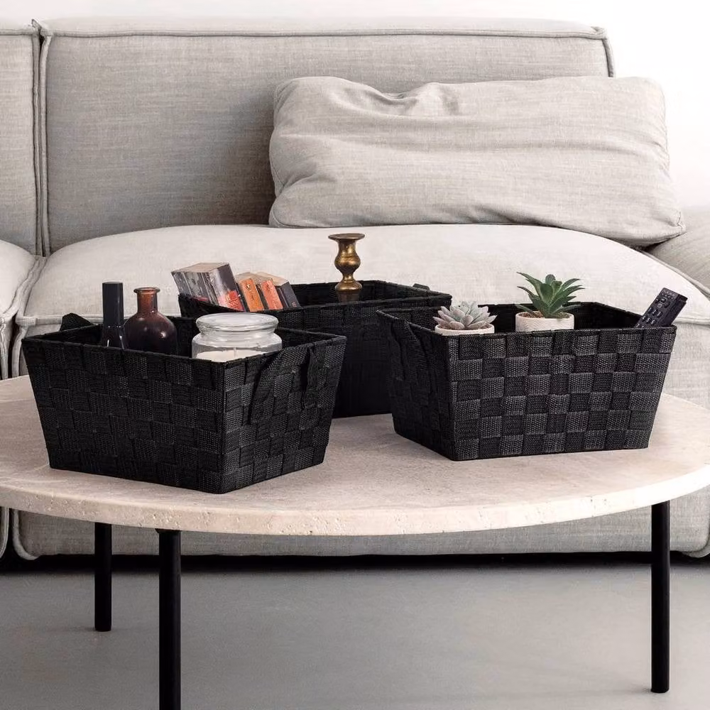EONLION Set of 3 Black Open Weave Woven Strap Storage Hamper Baskets with Metal Handles – 2