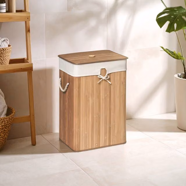 Orsina Kankyo Rectangular Natural Bamboo Laundry Hamper in Brown with Lid, Handles and Removable Bag