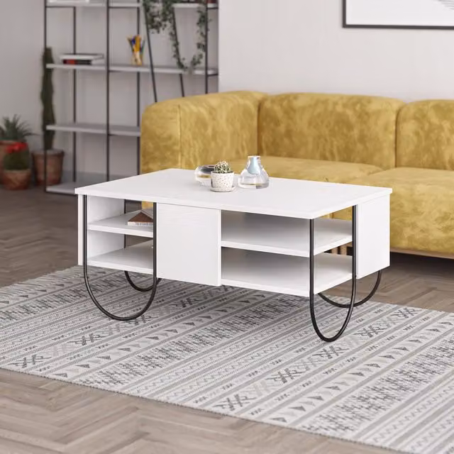 FWStyle 3 Tier Coffee Storage Table in White Lacquered MDF with Metal Sled Base
