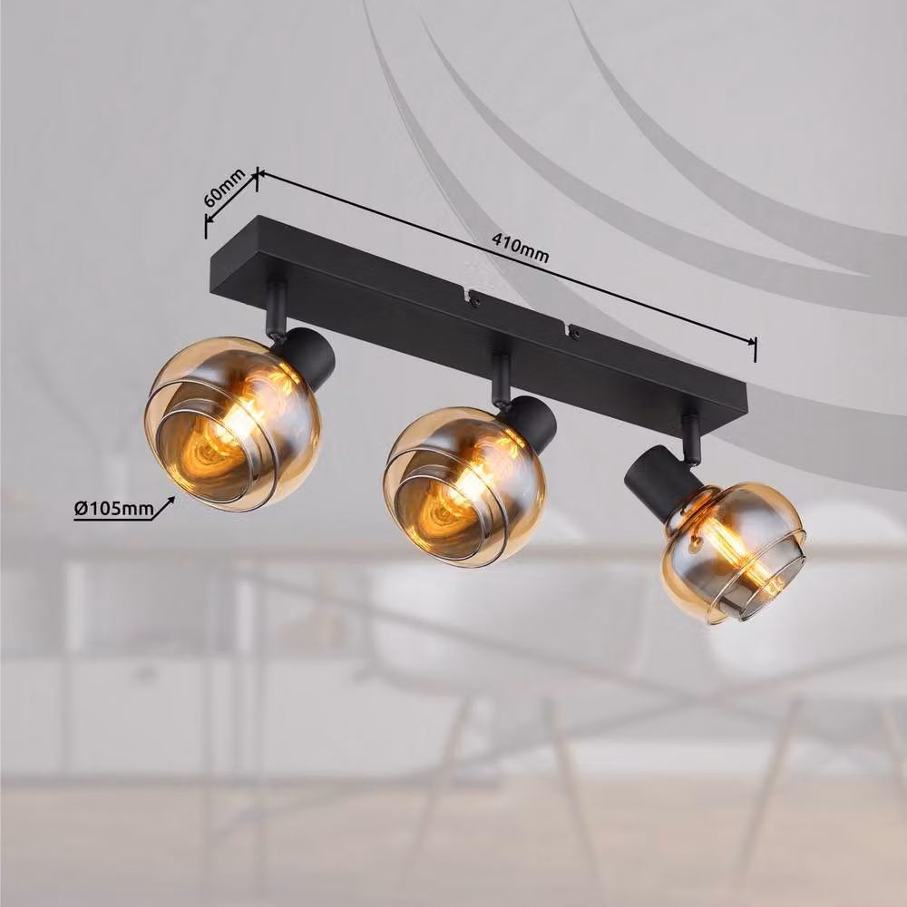 Globo Lighting Tokki Ceiling Spotlight Bar in Matt Black with Amber Glass Shades, 3x E14 – 5