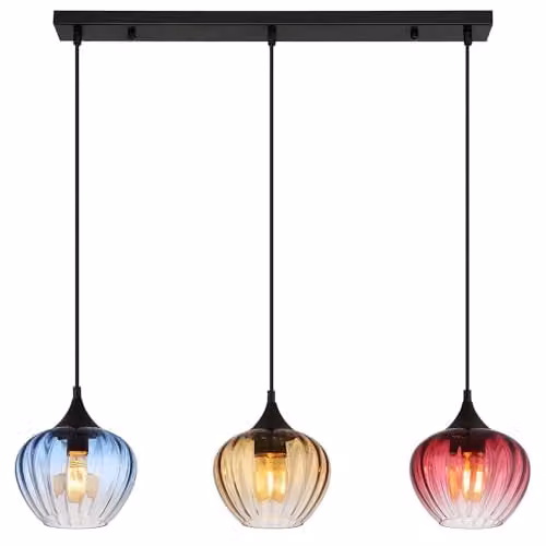 Globo Lighting Modern Bar Pendant Light with Multicolour Glass Shades and Black Metal Finish, 3x E27 Bulbs, Height Adjustable – 1