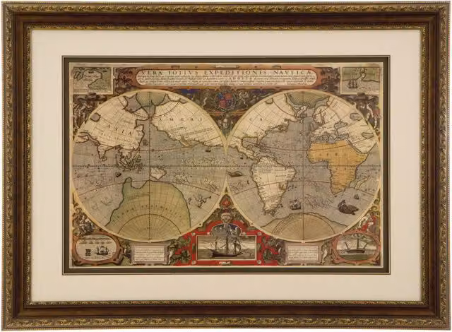 Orsina Global Antique World Map Framed Wall Art in Multicolour, Gold and Brown