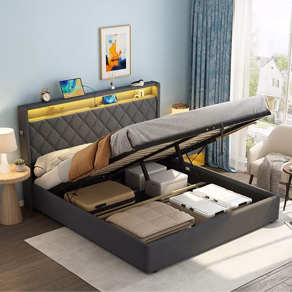 BTM Grey Upholstered King Size Ottoman Bed Frame with Hydraulic Storage, USB Charging Port and Under-Bed Lighting, W/D/H: 180 x 200 cm – 2