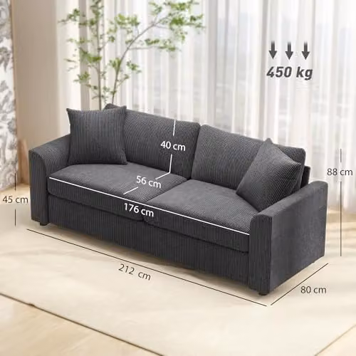 HOMCOM Modern 3 Seater Upholstered Jumbo Cord Sofa in Grey with Scatter Cushions and Metal Frame, Width: 212 cm – 2