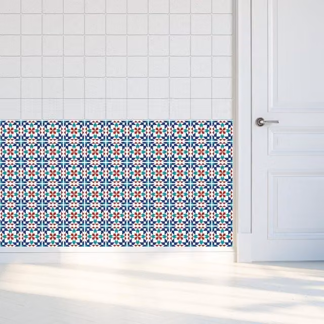 Walplus Red and Multicolour Mediterranean Geometric Square Adhesive Wall Tile Stickers, 24 Pack, W/D/H: 10 x 10 x 10 cm