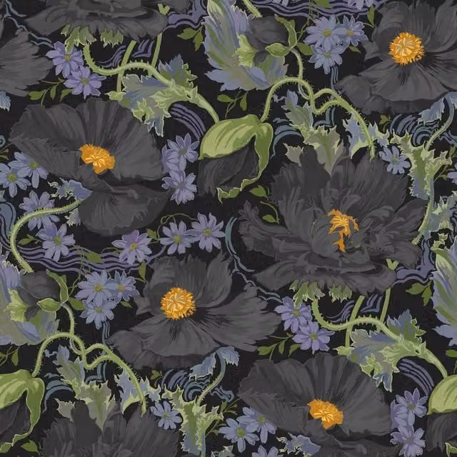 House of Hackney PAPAVERA Wallpaper Noir Sample in Black and Multicolour Floral Art Nouveau Design