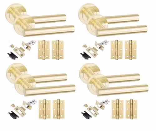 Golden Grace Straight T-Bar Door Handles with Latch and Hinges in Gold Brass, 4 Sets
