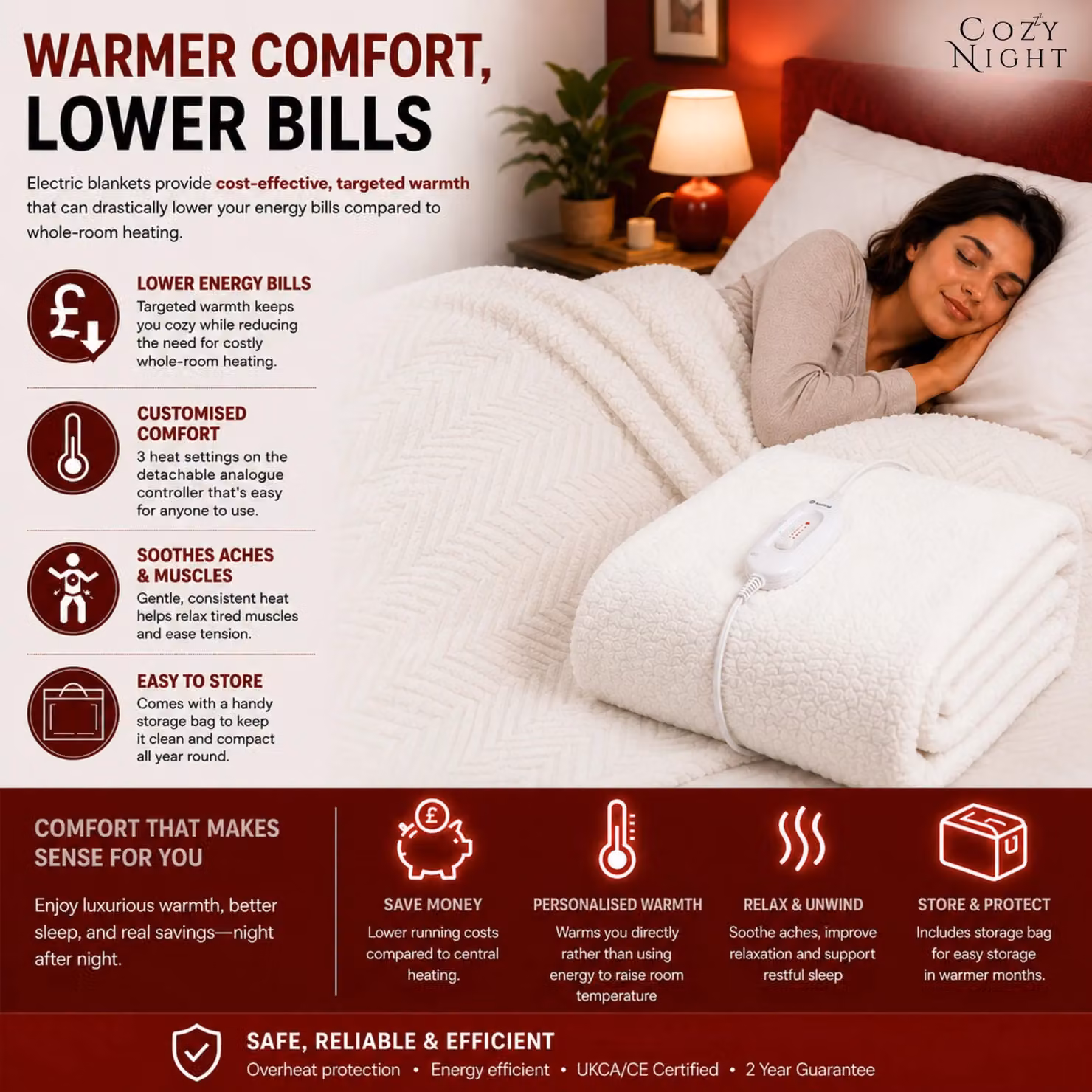 Cozy Night Single Fleece Heated Mattress Cover, White, W/D/H: 90 x 200 cm – 6