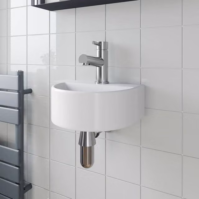 Bathwell White Ceramic Round Wall Hung Basin W: 30.5 cm, D: 25.5 cm