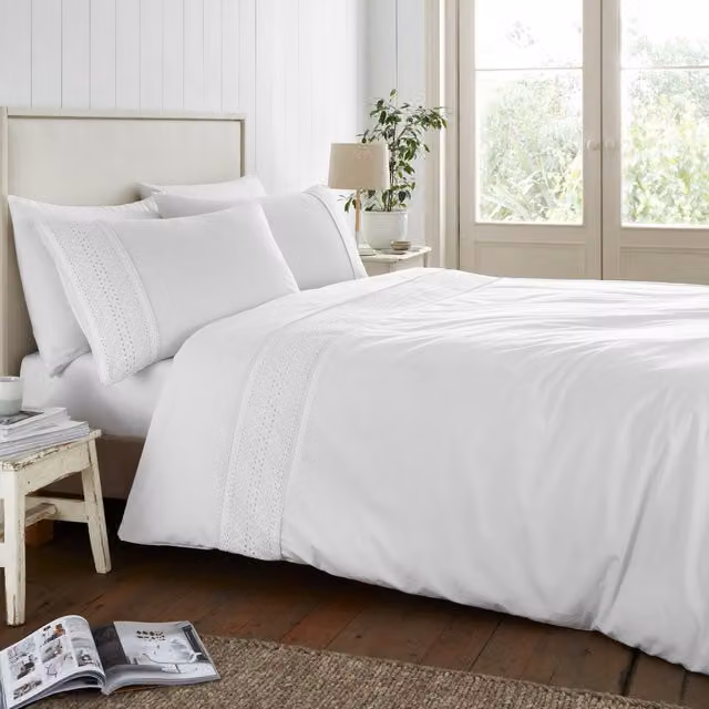 Catherine Lansfield White Broderie Anglaise Easy Care Cotton and Polyester Duvet Cover Bedding Set