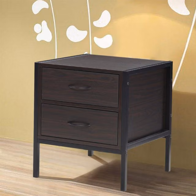 Livingandhome Industrial Bedside Table with Metal Frame and Wooden Drawers in Black