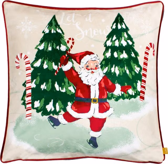 Jolly Santa Let It Snow Printed Piped Velvet Cushion in Ruby Red and Multicolour