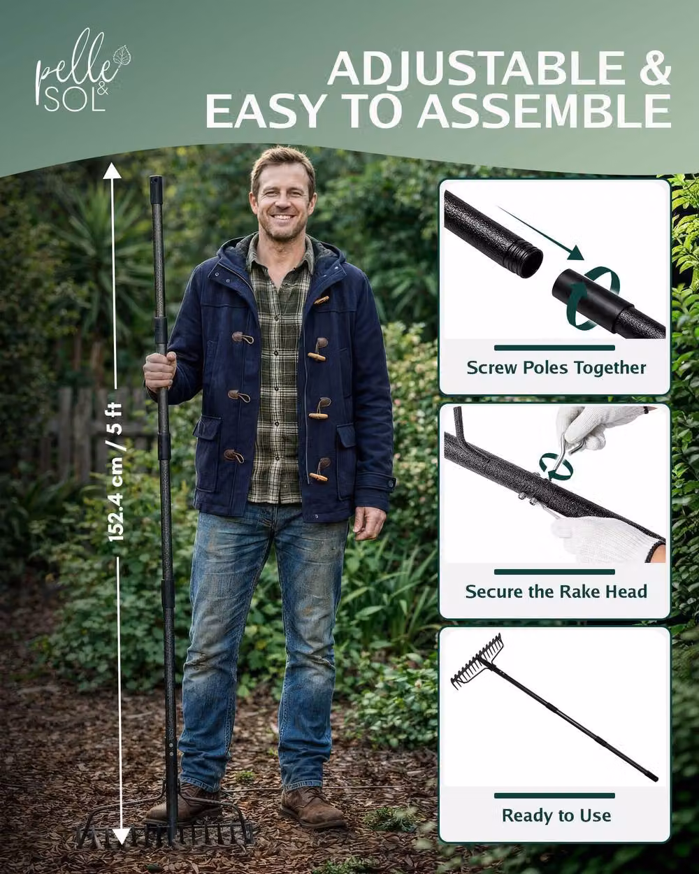 Pelle & Sol Heavy Duty 5ft Metal Bow Rake with 17 Tines and Stainless Steel Handle in Black and Silver – 5