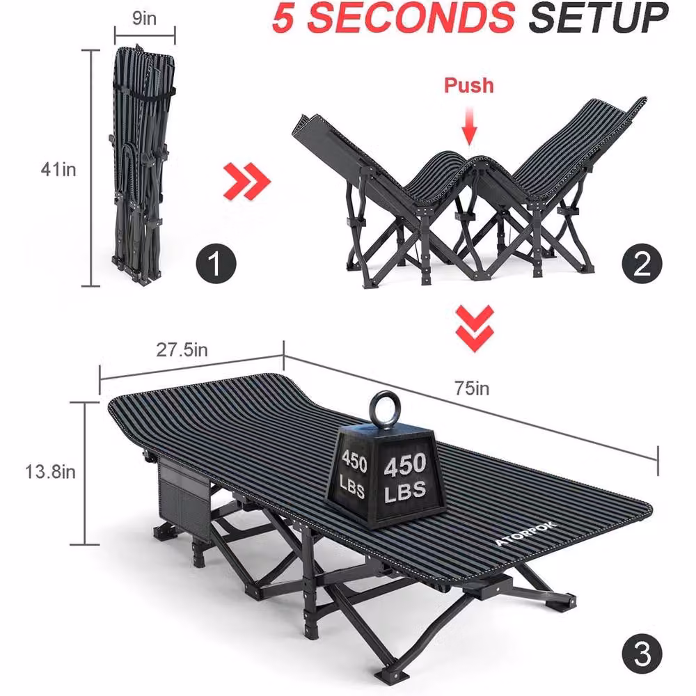 FORGEVIO Adult Portable Camping Cot Bed with Cushion and Side Compartments in Black – 2