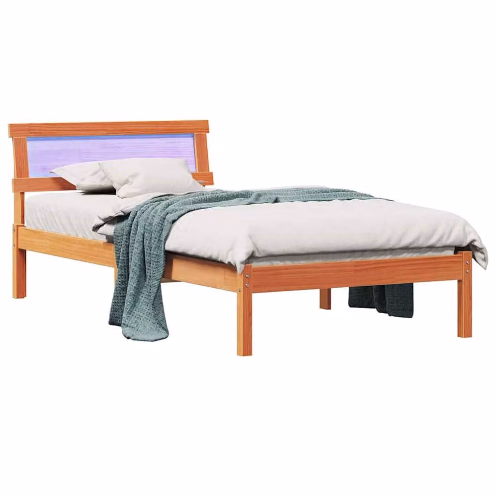 Berkfield Home Solid Pine Bed with Headboard and LED Strip Lights, Wax Brown, W: 90 cm, D: 200 cm, H: 73 cm – 2