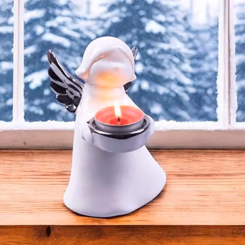 Netagon Festive Ceramic Winged Angel Tealight Holder in Silver and White – 2