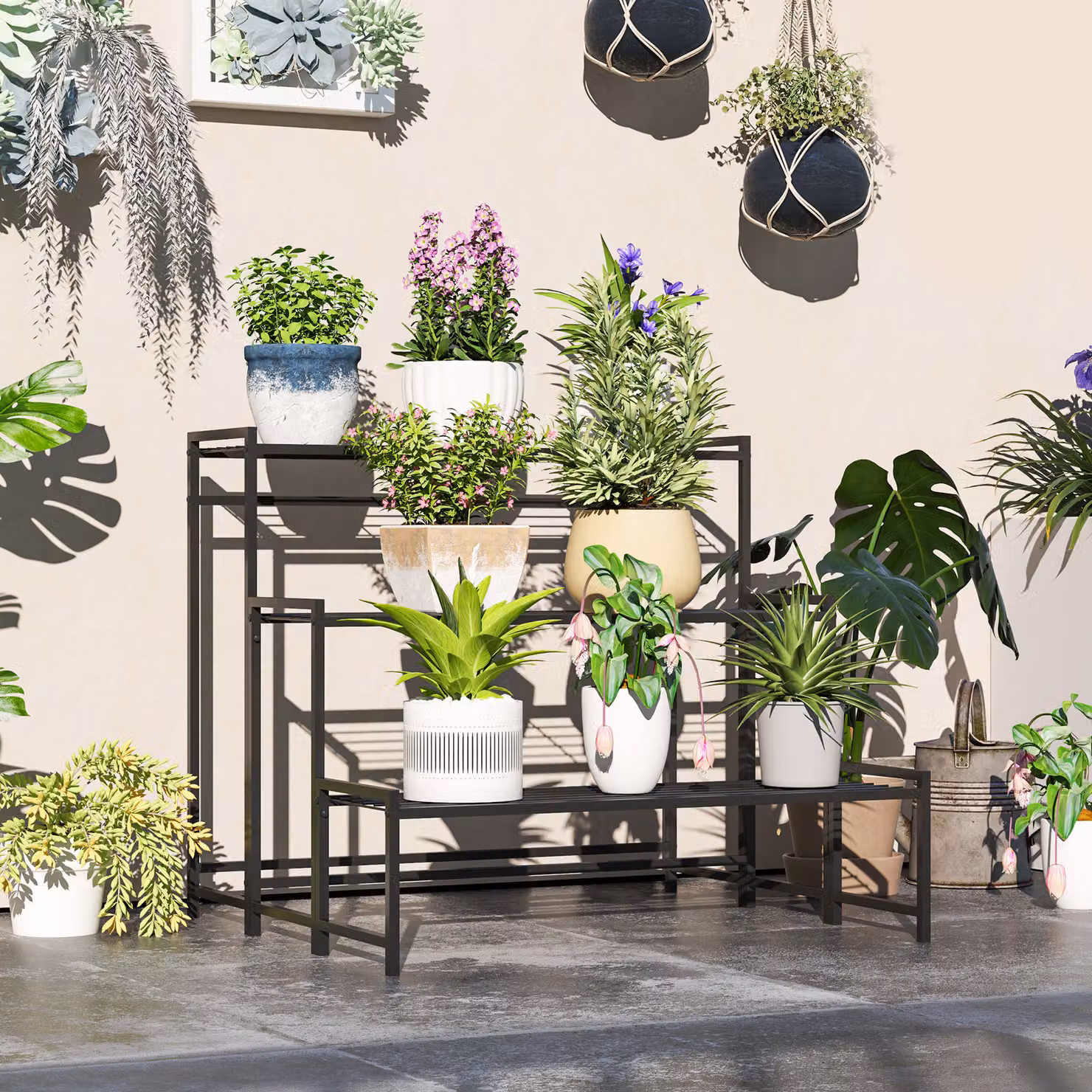 Outsunny 3-Tier Modern Metal Ladder Plant Stand, Black Flower Pot Holder for Indoor and Outdoor Use – 2