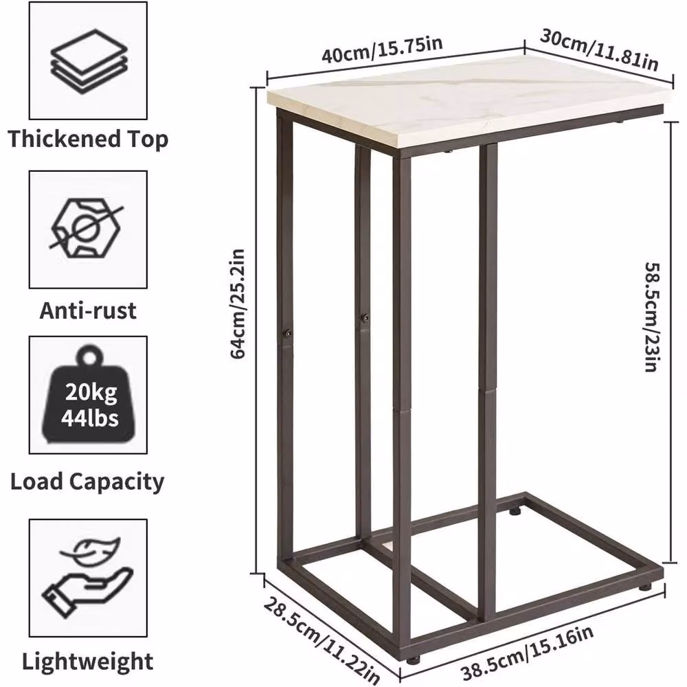 VOGREX C-Shaped Faux Marble End Table with Black Metal Frame in White – 2