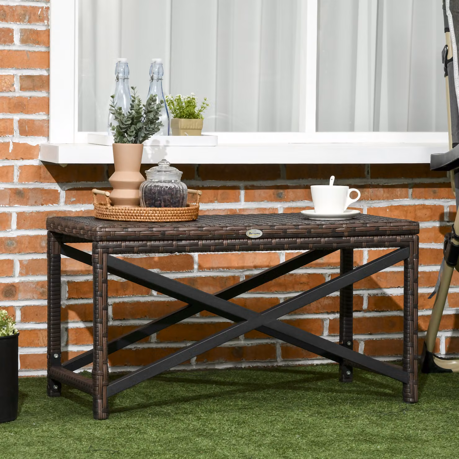 Outsunny PE Rattan Garden Side Table with X-Shape Frame, Mixed Brown – 2