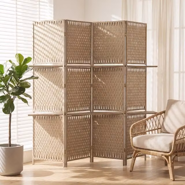 HOMCOM 4-Panel Folding Room Divider with Shelves in Natural Wood Finish, Brown and Beige
