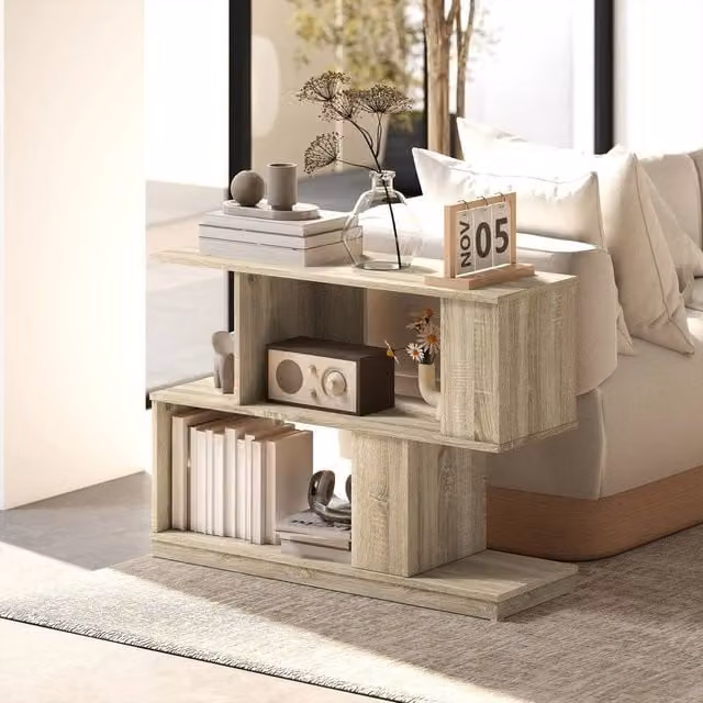 EONLION S-Shaped Narrow End Table and Nightstand in Beige Wood Finish, H: 61 cm x W: 30 cm x D: 30 cm