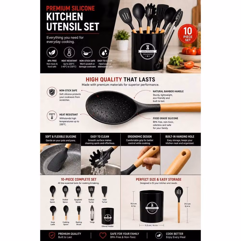 PAWNORA Silicone Kitchen Utensils Set in Black – 4