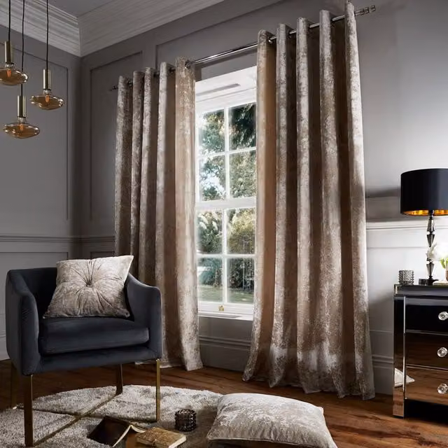 Catherine Lansfield Crushed Velvet Ready Made Eyelet Curtains, Beige