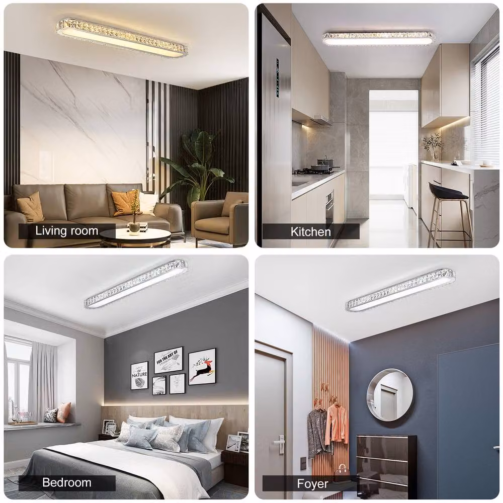 NIVOR Dimmable Rectangle Crystal LED Ceiling Light in Chrome and White, W: 100 cm, 48W – 5