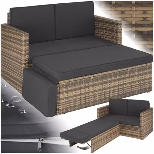 tectake Rattan Garden Furniture Set with 2 Seater Sofa and Ottoman in Brown and Grey with Powder Coated Steel Frame and UV-Resistant Cushions