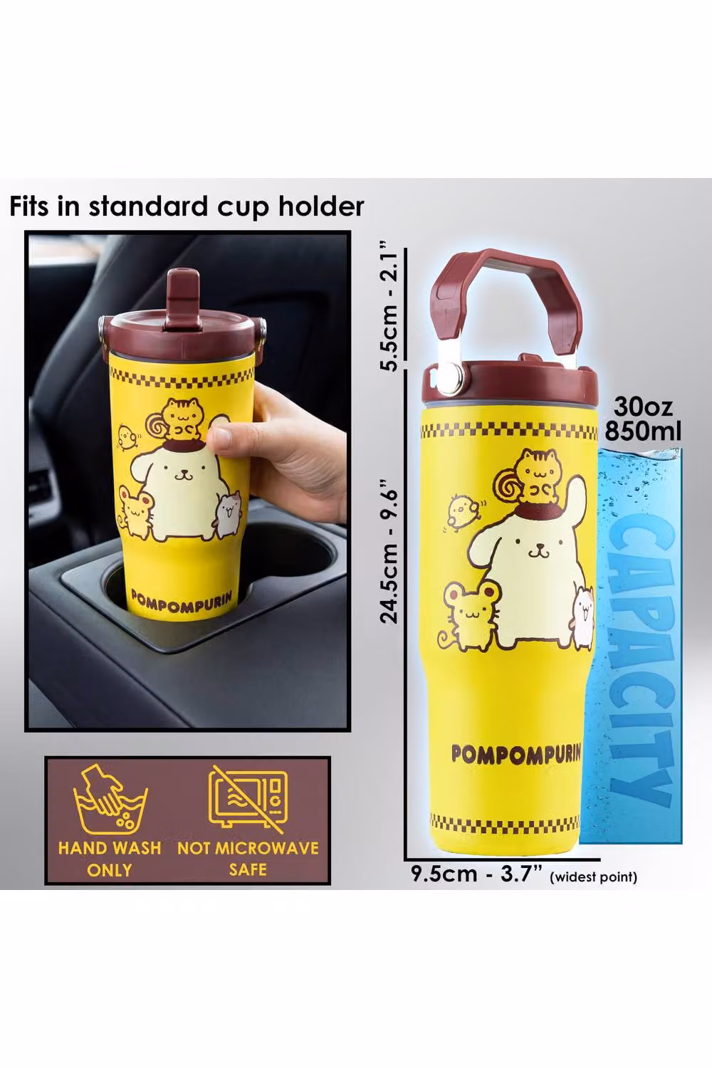 Get Trend Sanrio Pompompurin Insulated Stainless Steel Tumbler with Straw and Handle, Yellow, 850ml – 8