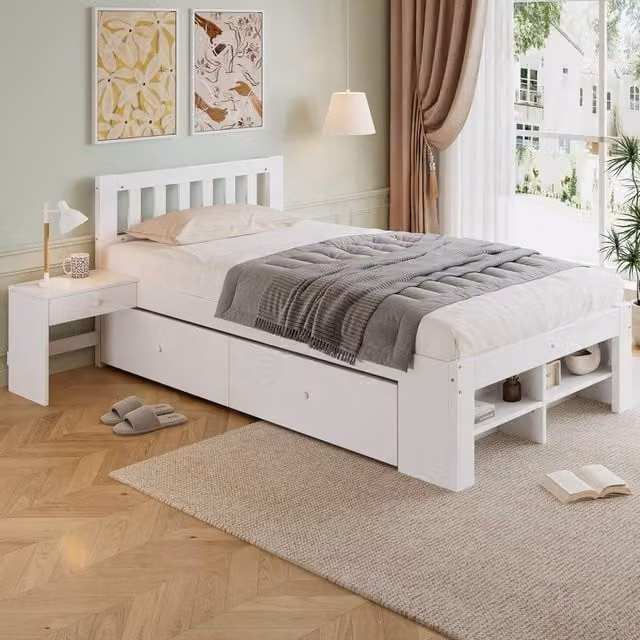 Merax White Single Storage Bed Frame with Drawers, W/D/H: 90 x 190 x 40.25 cm – 1