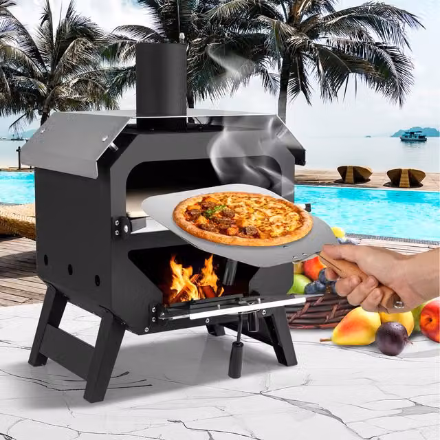 COSTWAY Portable Black Wood-Fired and Pellet Pizza Stove with Stainless Steel Construction